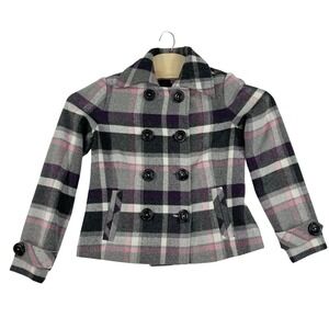 Cabi Womens 4 Pink Gray Black Plaid‎ Double Breasted Wool Blend Jacket Preppy